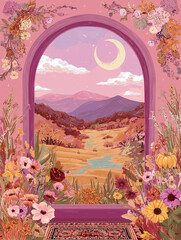 Wall Mural - modern illustration in boho country style with elements of astrology and tarot. female character and