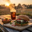 © gordon - Gourmet burger and cola drink on wooden table at sunset hamburger beef patty