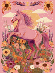 Wall Mural - modern illustration in boho country style with elements of astrology and tarot. female character and