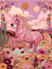 Wall Mural - modern illustration in boho country style with elements of astrology and tarot. female character and