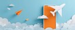 © Selvi - An orange boarding pass rests on a light blue background, surrounded by paper airplanes and fluffy clouds, symbolizing travel and journey preparations.