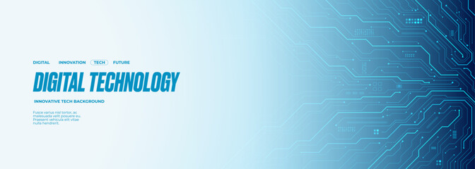 digital technology web banner with circuit board and electronics components on a white background. a