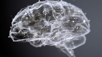 Transparent brain made of digital mesh with tech symbols inside