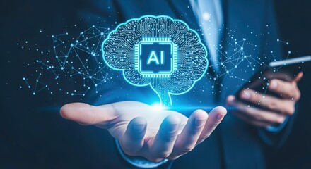 Artificial Intelligence Concept with Brain Shape and Neural Network, Presented on Palm of Hand, Digitalization