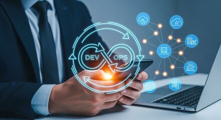 devops engineer using smartphone with automation software icons, modern technology and development c