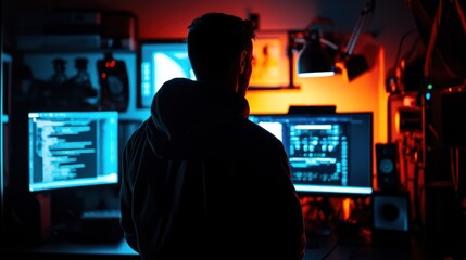 Focused coder at night in a tech room with multiple monitors