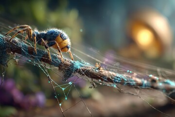 Intricate macro shot of a colorful spider on a branch with glowing blue strands.