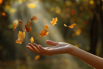 Wall Mural - hands autumn leaves leaf.