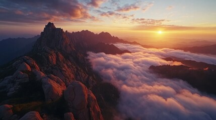 Wall Mural - majestic sunrise at the summit of mount tai, vast sea of clouds rolling like endless white waves ben