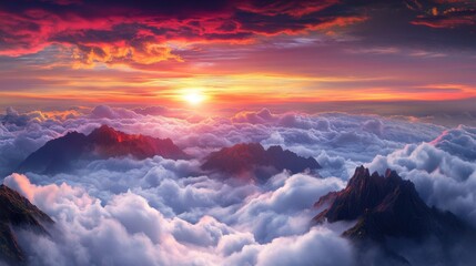 Wall Mural - majestic sunrise at the summit of mount tai, vast sea of clouds rolling like endless white waves ben