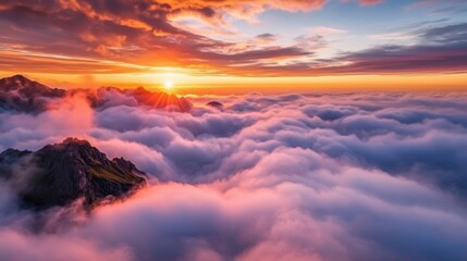 Wall Mural - majestic sunrise at the summit of mount tai, vast sea of clouds rolling like endless white waves ben
