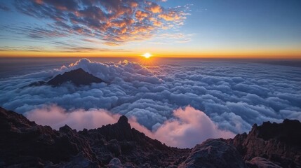 Wall Mural - majestic sunrise at the summit of mount tai, vast sea of clouds rolling like endless white waves ben