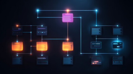 Glowing digital flowchart with interconnected nodes in blue and orange light on dark background showing data network concept
