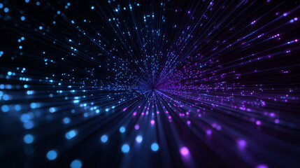 Digital light particles glowing in blue and purple colors create dynamic futuristic tunnel effect with sense of depth and motion
