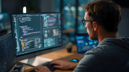 Man coding on multiple monitors with glasses and hoodie in a modern office setting at a wooden desk
