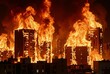 © Level Pixel - A dramatic night scene unfolds as towering flames engulf apartment buildings, casting an eerie glow over the urban landscape