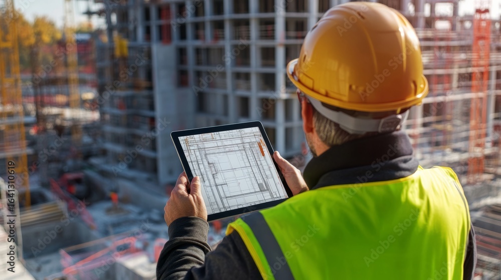 civil engineer using tablet on site, with 3D model comparison ...