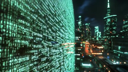 Green computer code covering cityscape at night representing digital transformation
