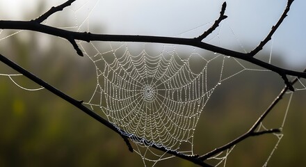 Intricate arachnid silk craftsmanship glistens with dew drops on barren tree branches