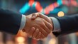 © Generative AI - Close-Up of Business Handshake with Stock Market Data Displayed in the Background, Agreement and Partnership