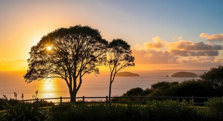 Wall Mural - Scenic Sunrise Over Ocean with Silhouetted Trees and Golden Light Reflecting on Water