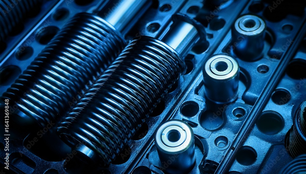 dark blue close up of engine valve springs springs are black and shiny ...