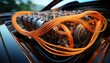 © Nicholas - close up of an electric car engine with wires and cables wires are orange and black electric transport concept background