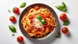 © Nicholas - authentic italian cuisine scene featuring pasta rich tomato sauce ripe tomatoes grated parmesan and aromatic herbs on a clean white table overhead perspective with ample copy space masterpiec