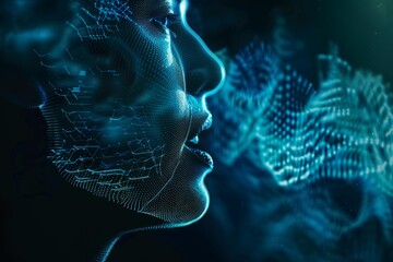 Wall Mural - artificial intelligence generating sound waves from a digital face, concept of communication and inn