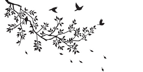 elegant black silhouette tree branch with flying birds and falling leaves, minimalistic nature wall 