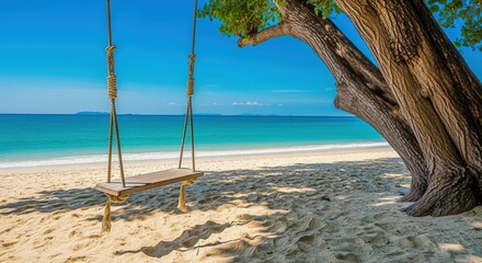 Wall Mural - Secluded Beach Swing on Tropical Paradise: A Tranquil Escape with Turquoise Waters and Blue Skies