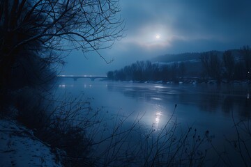 Wall Mural - Moon reflecting on river surface at night near bridge with snow and trees