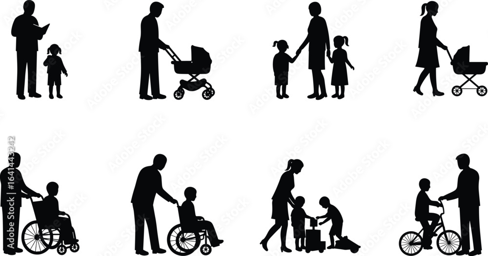 Family silhouettes, parents with children, stroller pushing, wheelchair assistance, cycling training, 