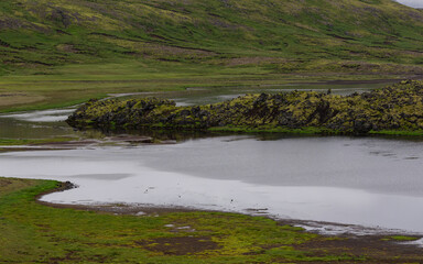 Canvas Print - Lake and grassy field view in rural Iceland.