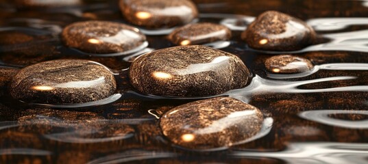 Wall Mural - smooth brown stones in flowing fresh water with ripple effects and reflection of sunlight warmth