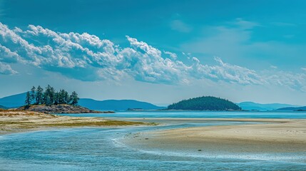 Wall Mural - Idyllic Coastal Scene with Turquoise Waters, Sandy Beaches, and Islands Under a Summer Sky