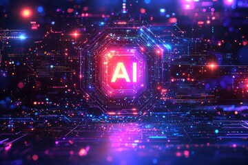 Wall Mural - futuristic glowing ai text surrounded by an abstract high-tech circuit board