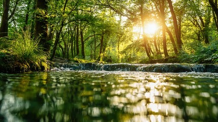 Wall Mural - Sunlit Forest Stream: Scenic Nature Photography of Flowing Water and Green Trees in Tranquil Environment