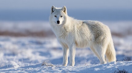  An Arctic wolf stands against a snowy landscape its white fur contrasting the soft hues of the background