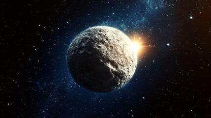 Wall Mural - Ethereal Cosmic Wanderer A Battered Asteroid s Lonely Journey Orbiting a Distant Shining Sun