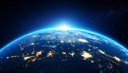 Wall Mural - stunning view of earth from space, showcasing planet curvature, illuminated cities, and bright sunri