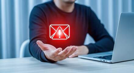 Phishing Email Alert Concept: Person Holding Digital Red Notification, Internet Security Awareness