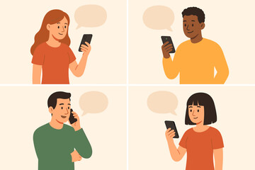 Diverse people communicating with mobile phones set. Vector illustrations of men and women using smartphones, talking, texting, chatting, viewing screens, social media, communication concepts