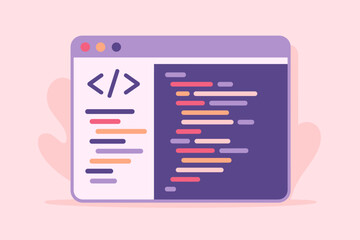Coding application interface abstract vector illustration. Colorful programming code editor window. Software development, web coding, digital technology concept. Modern cartoon. Light pink background