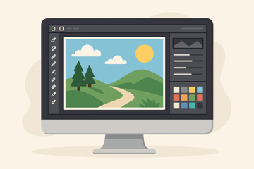 Vector illustration of photo editing software interface on computer screen, landscape image editing, graphic design app tools, digital art workspace, creative technology concept, nature scene