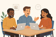 © Zara - Diverse team collaboration, office teamwork, group meeting, brainstorming, three businesspeople, laptop discussion, project planning, communication, modern workplace, flat cartoon illustration