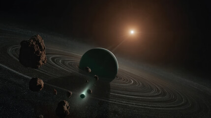 Wall Mural - planet with rings and asteroids under bright star in space