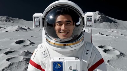 Wall Mural - Smiling astronaut salutes on the moon with a lunar base in the backgro