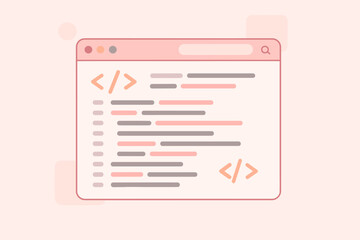 Vector illustration of programming code and web development window with HTML tags, abstract coding screen, software interface, technology design, modern flat style, light pink background concept