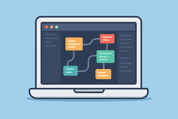 Node based coding workflow on laptop computer, visual scripting interface, programming and software development, flowchart logic editor, flat vector cartoon, blue background, technology concept